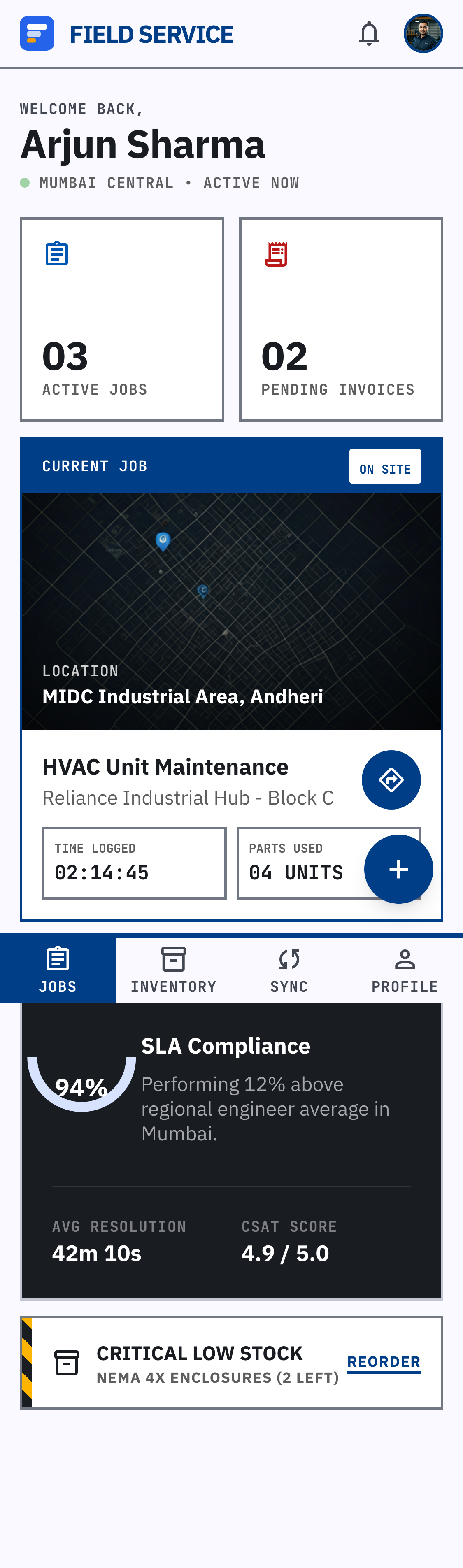 FactoStack field installations mobile app showing installation job tracking