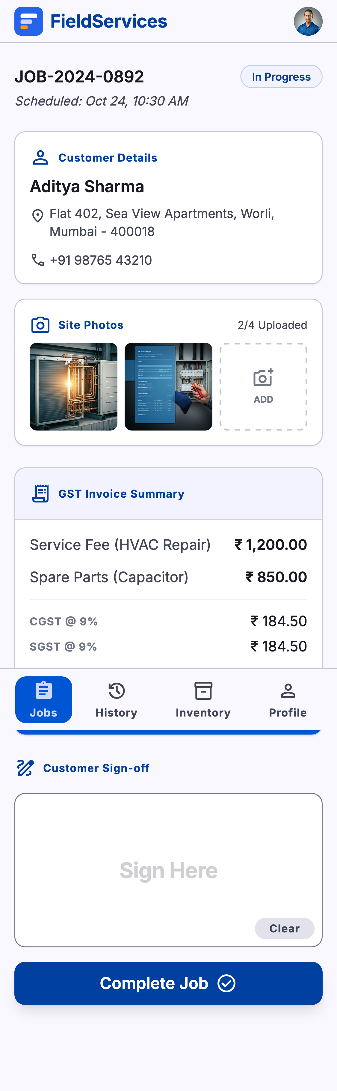 FactoStack field services mobile app showing digital job card workflow