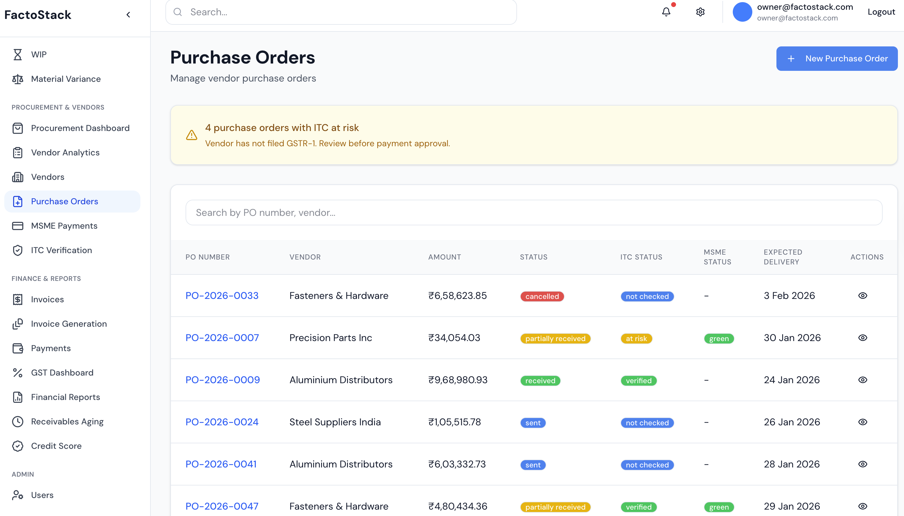 Purchase Order Management Screenshot