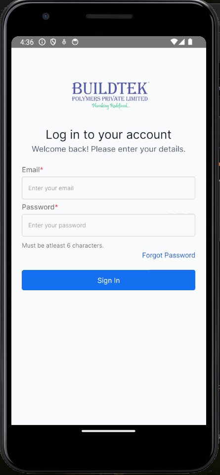 Plumbing Company Employee App - Login Screen